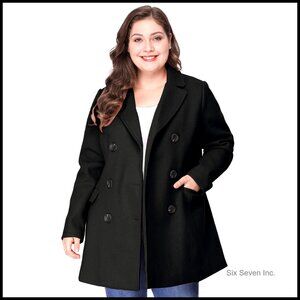 Plus Size Wool Pea Coat Double Breasted Notched Lapel Long Coat